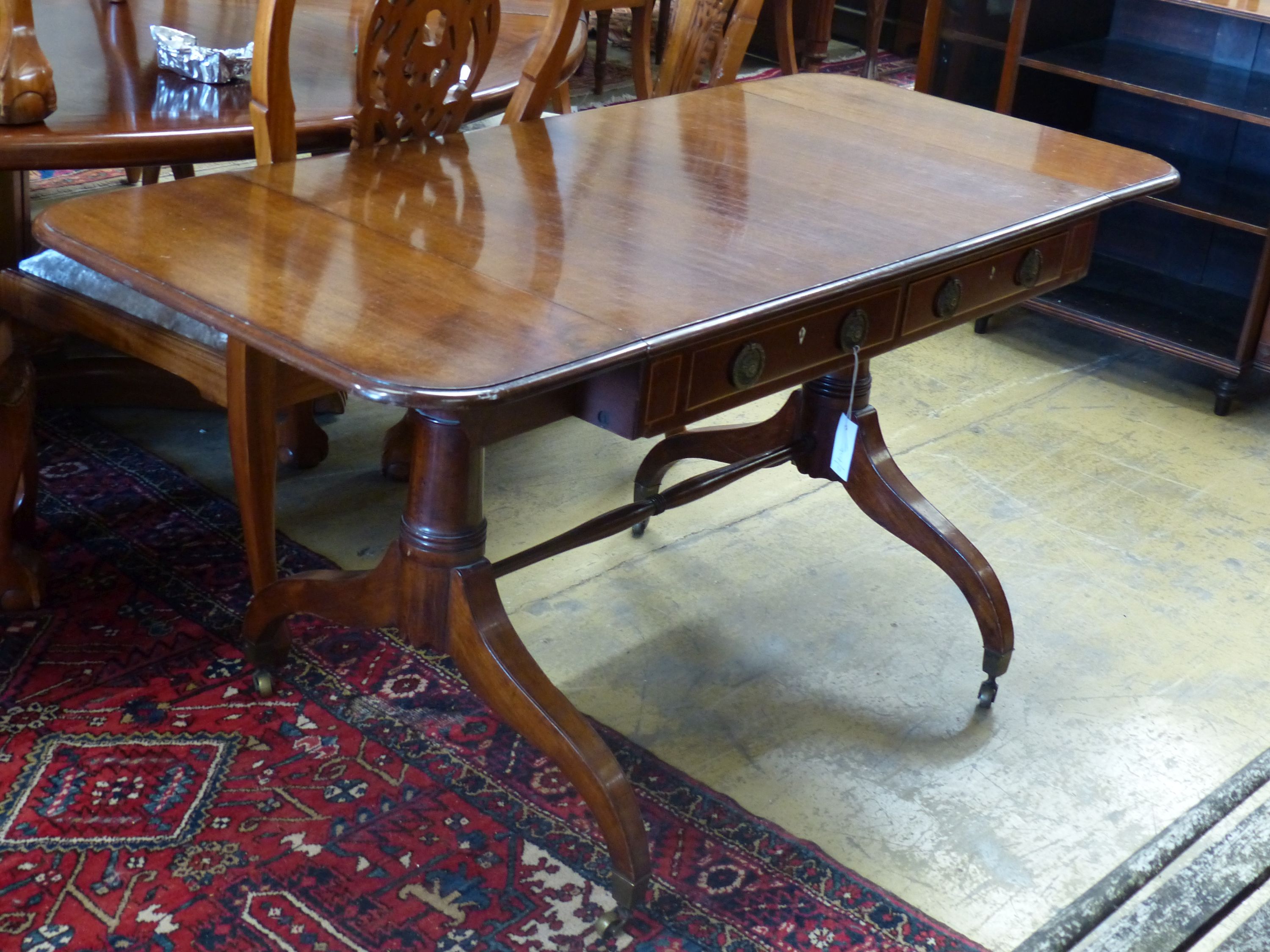 A 19th century mahogany sofa table, 150cm extended, depth 66cm, height 73cm